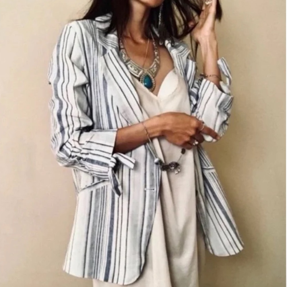 Drew Anthropologie Pinstripe Linen Blazer Small NWT